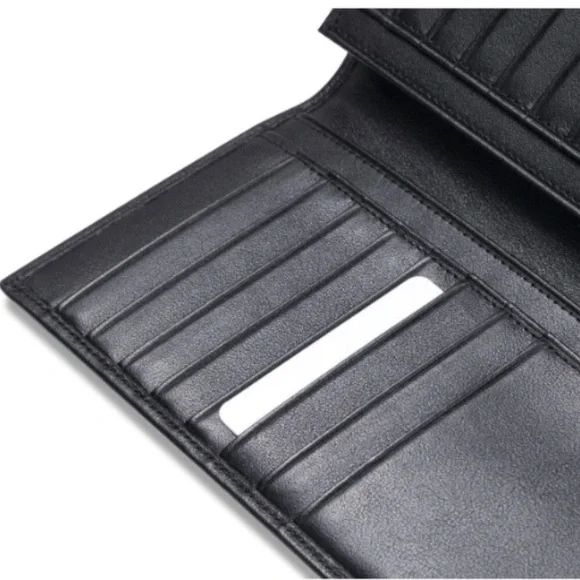 Bifold Long Wallet with 15 Credit Card Slots - Italian Calfskin (Black)